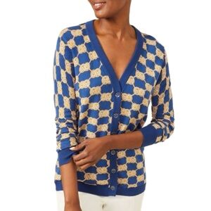 J. McLaughlin “Kristyn” Blue and Gold Chain Pattern Cardigan Sweater Size Medium